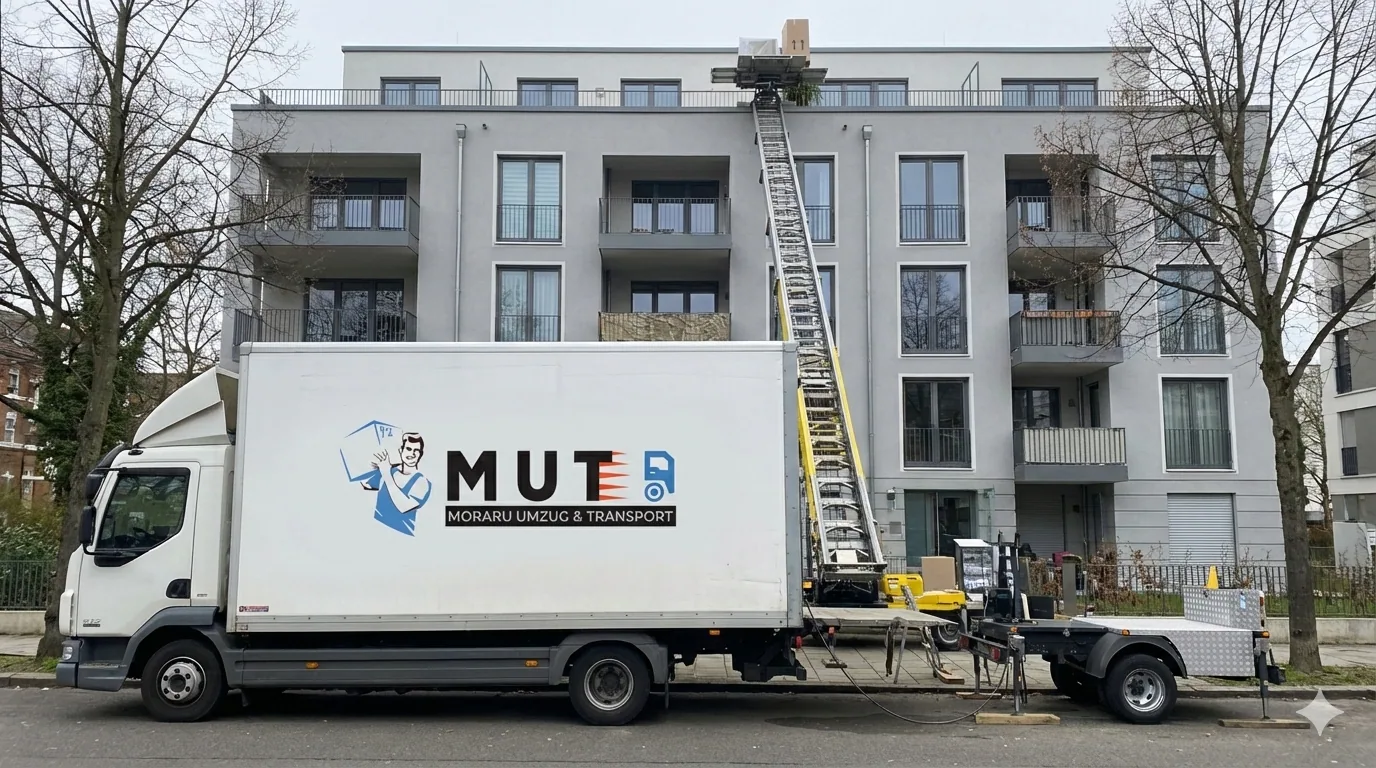 MUT-LKW mit Anhänger-Möbellift vor einem Neubau